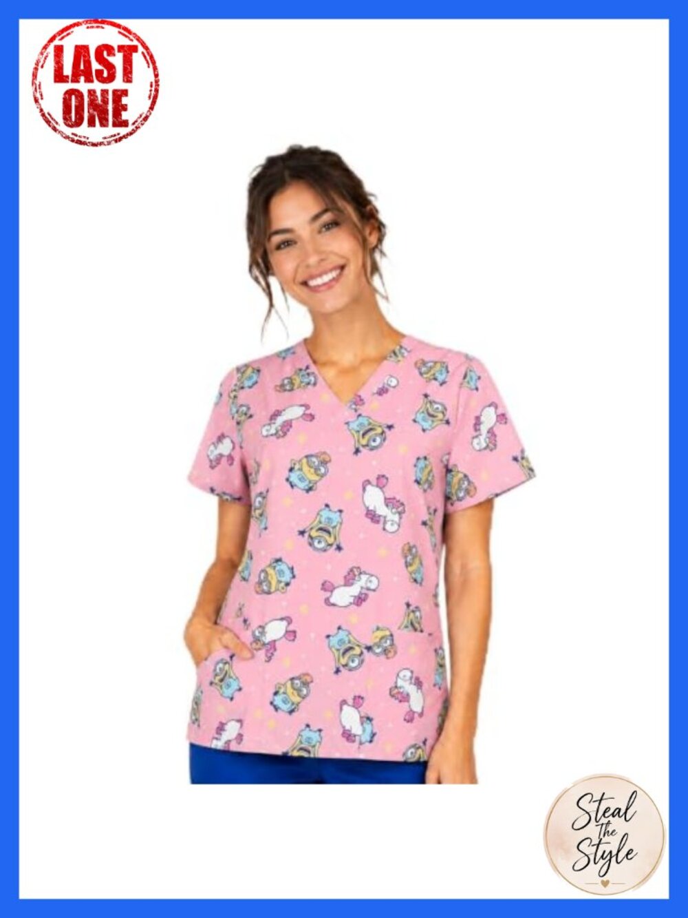 Womens Printed Scrub Top V-Neck Cap Sleeve Pullover Pockets